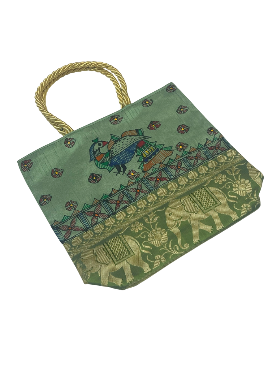 Handpainted Madhubani Bag – Green with Brocade Border, Peacock Motif